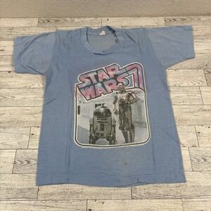SINGLE STITCH LIGHT BLUE VINTAGE 1970'S STAR WARS R2D2 + C3PO TSHIRT KIDS